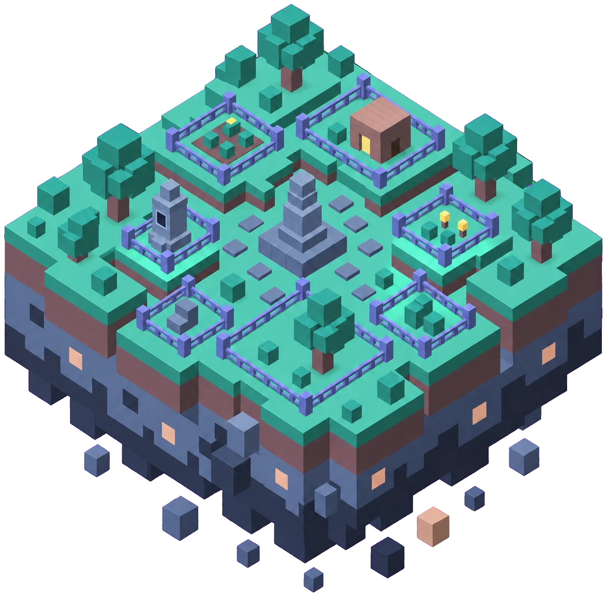 A world chunk with fenced plots around a stone totem